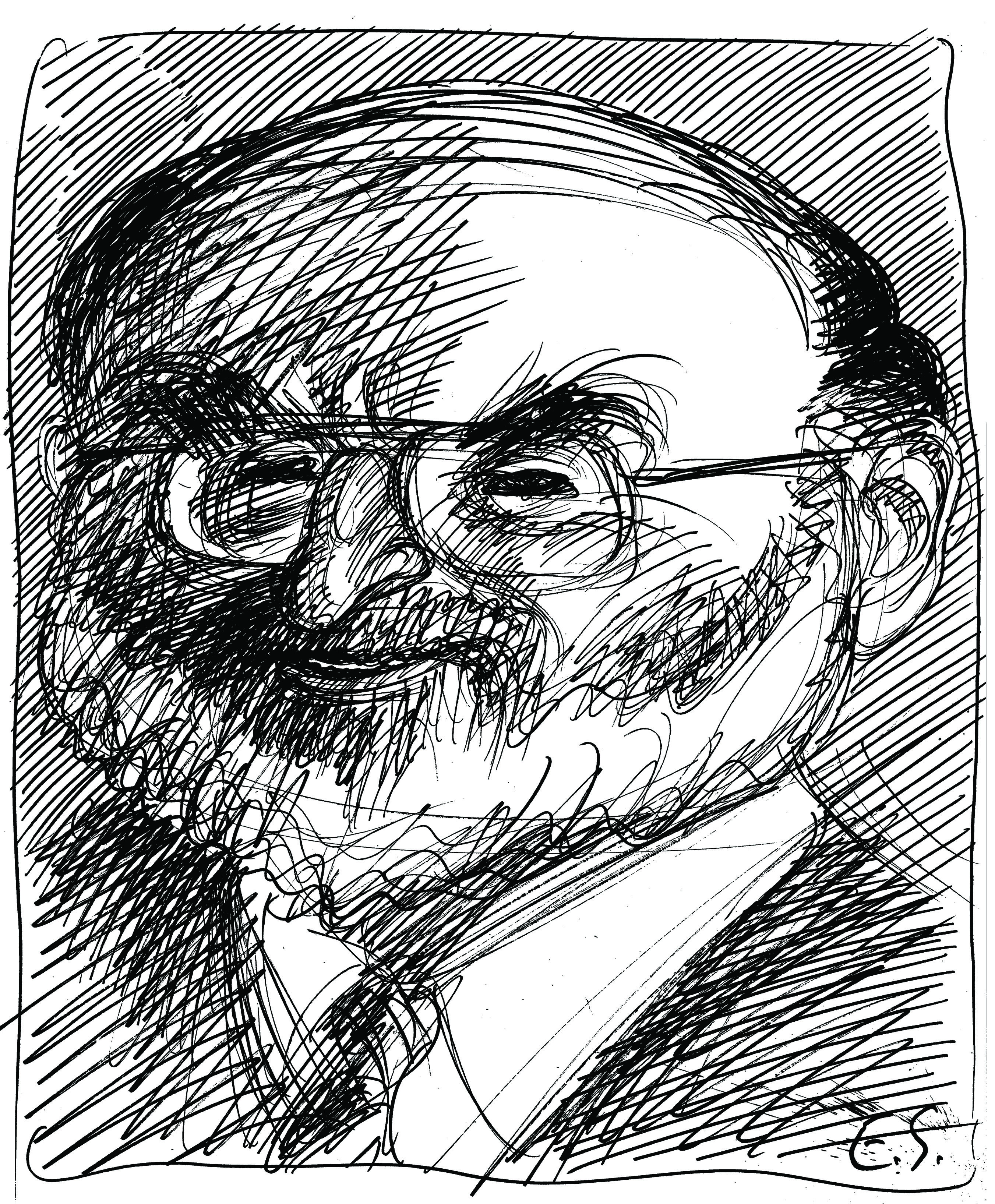 A detailed ink-line caricature of Victor S. Navasky with glasses and a beard